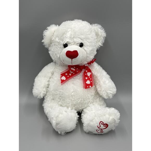 Best Made Toys White Teddy Bear W/ Red Hearts 12” Stuffed Animal Red Bow Tie - Picture 1 of 7